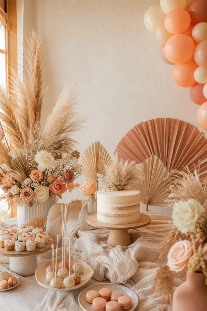 Nötr tonlarda boho baby shower tatlı masası